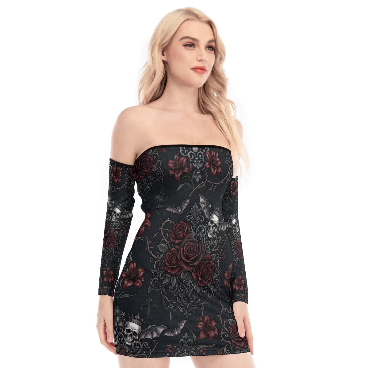 LuckeLadybug dress off the shoulder featuring floral and skull design for a stylish look