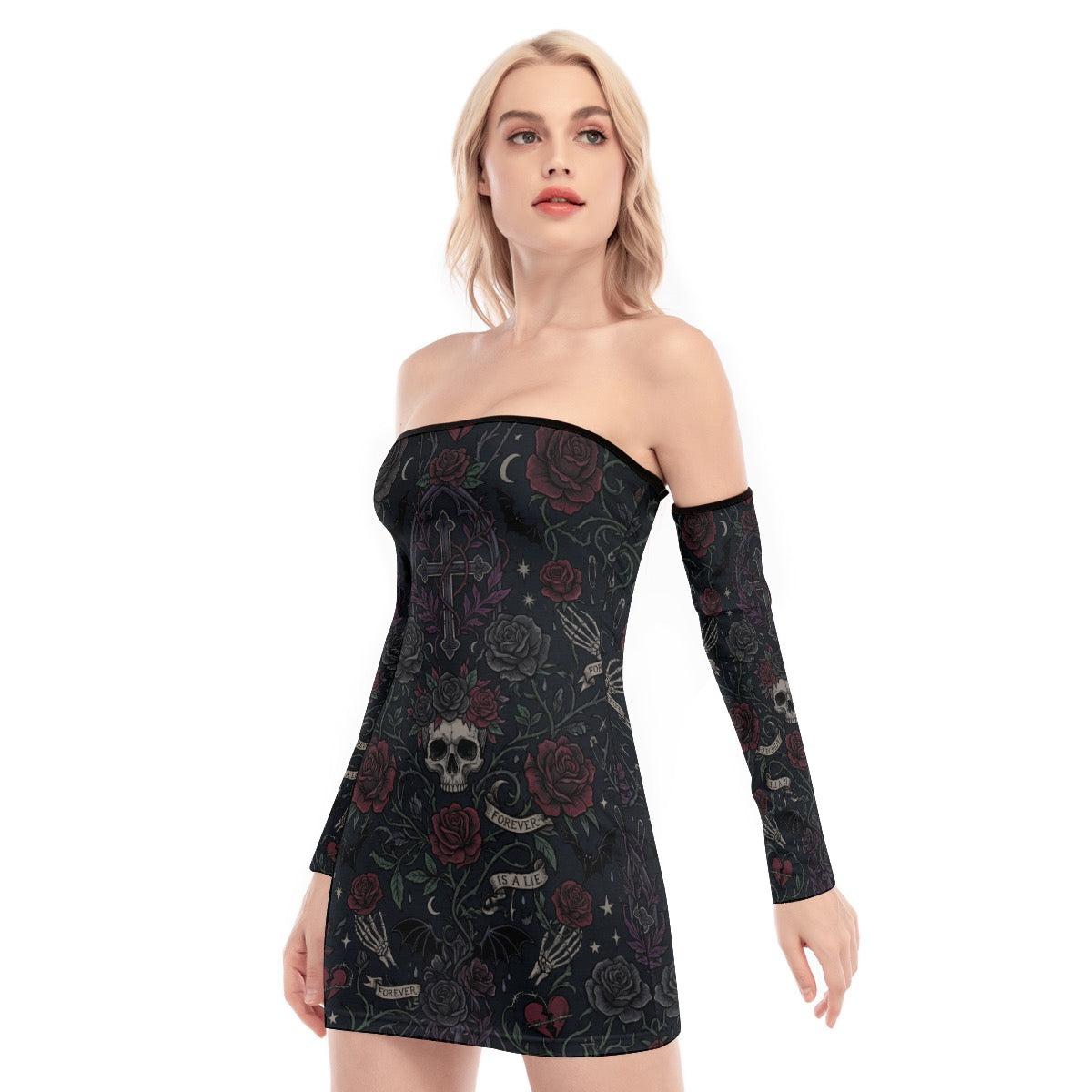 LuckeLadybug dress off the shoulder featuring a floral and skull design for a stylish look