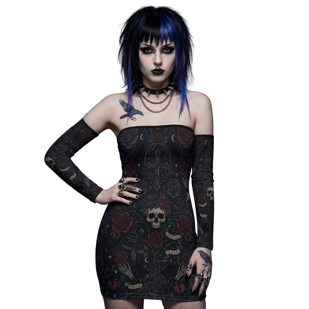 LuckeLadybug dress off the shoulder with gothic floral print and fitted silhouette