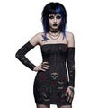 LuckeLadybug dress off the shoulder with gothic floral print and fitted silhouette