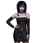 LuckeLadybug dress off the shoulder with gothic floral print and fitted silhouette
