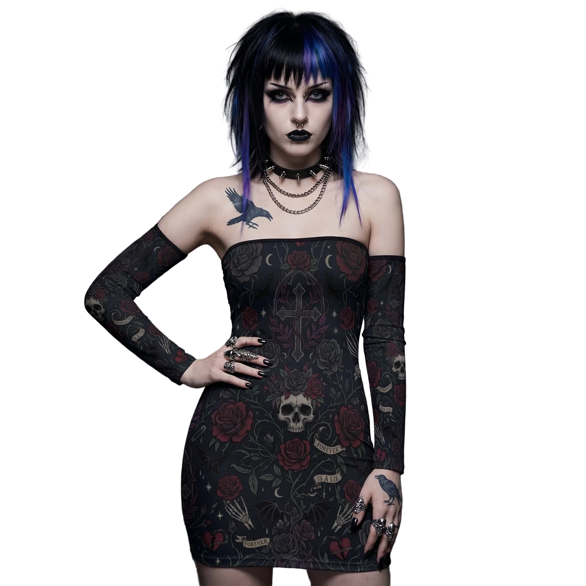 LuckeLadybug dress off the shoulder with gothic floral print and fitted silhouette