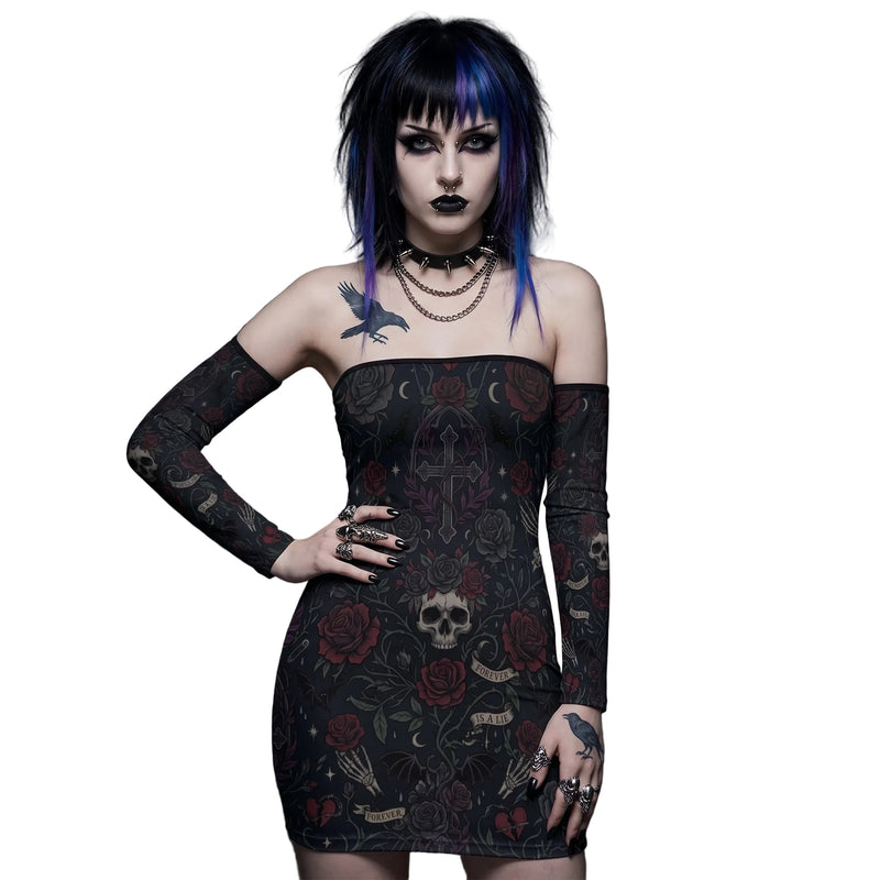 LuckeLadybug dress off the shoulder with gothic floral print and fitted silhouette