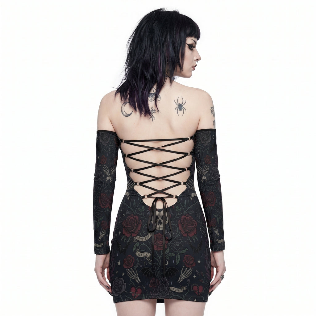 LuckeLadybug dress off the shoulder featuring a lace-up back and floral design