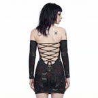 LuckeLadybug dress off the shoulder featuring a lace-up back and floral design