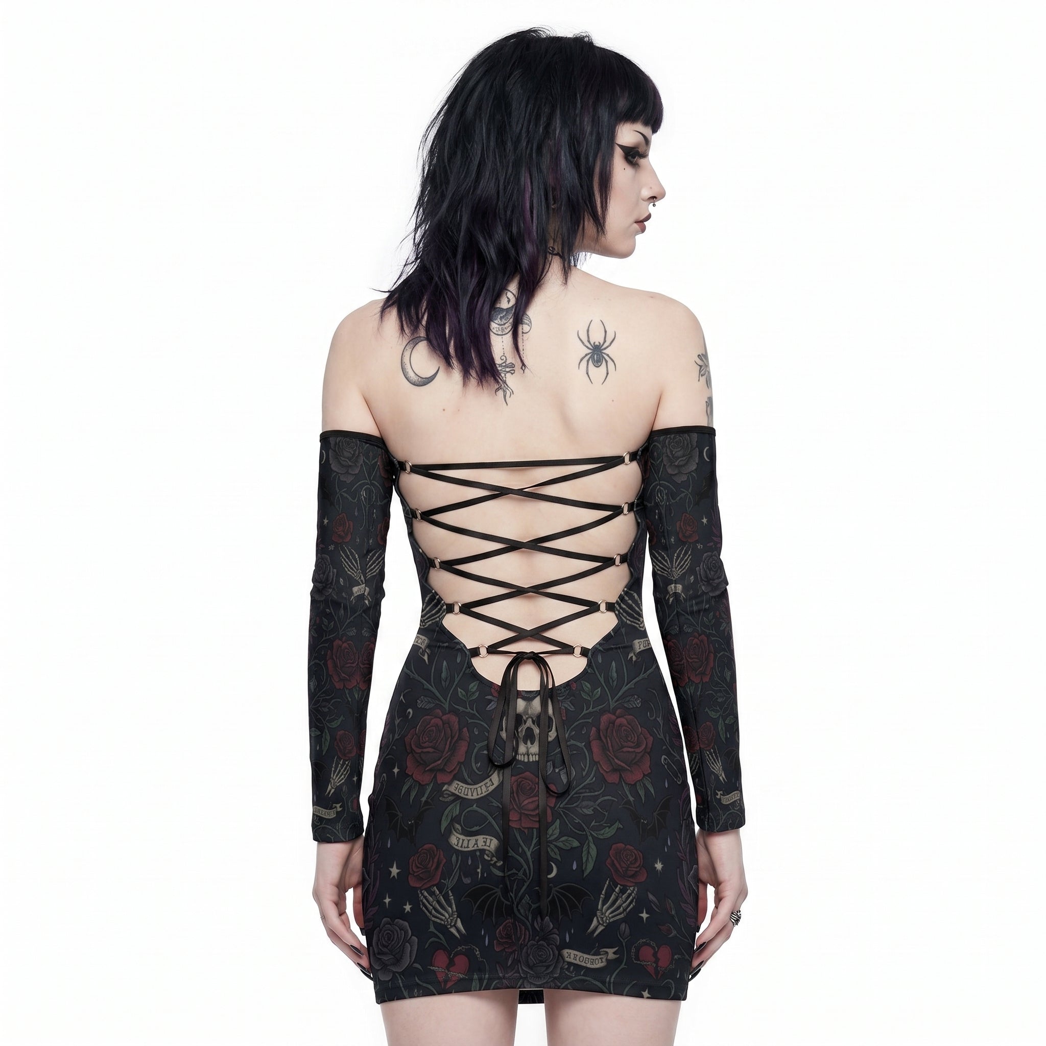 LuckeLadybug dress off the shoulder featuring a lace-up back and floral design