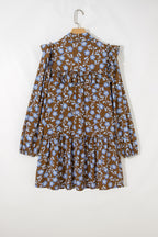 Brown Floral Print Ruffled Detail Shirt Collar Button Down Long Sleeve Dress