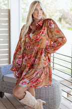 Brown Vintage Floral Print Shirt Style Half Button Long Sleeve Ruffle Mini Dress