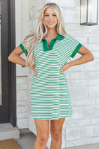 Green and white striped dress shirt for men with a collar and short sleeves