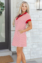 Stylish red and white striped dress shirt for men with a casual fit and pockets