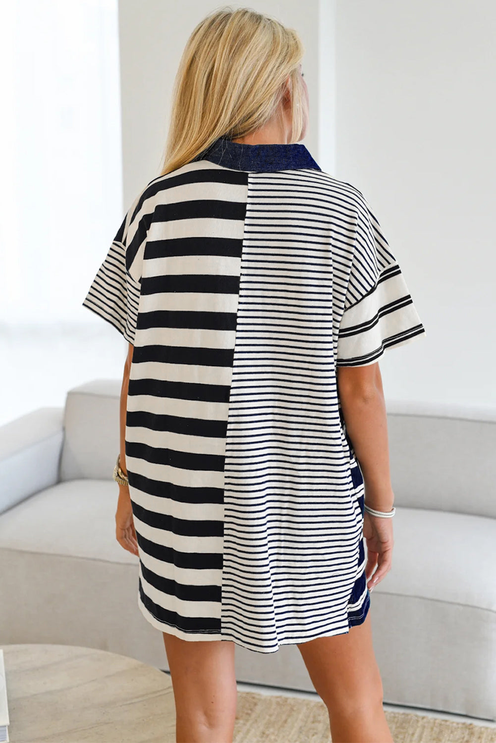 LuckeLadybug LLC Casual Dress Shirt for Men with Half Striped Design and Short Sleeves