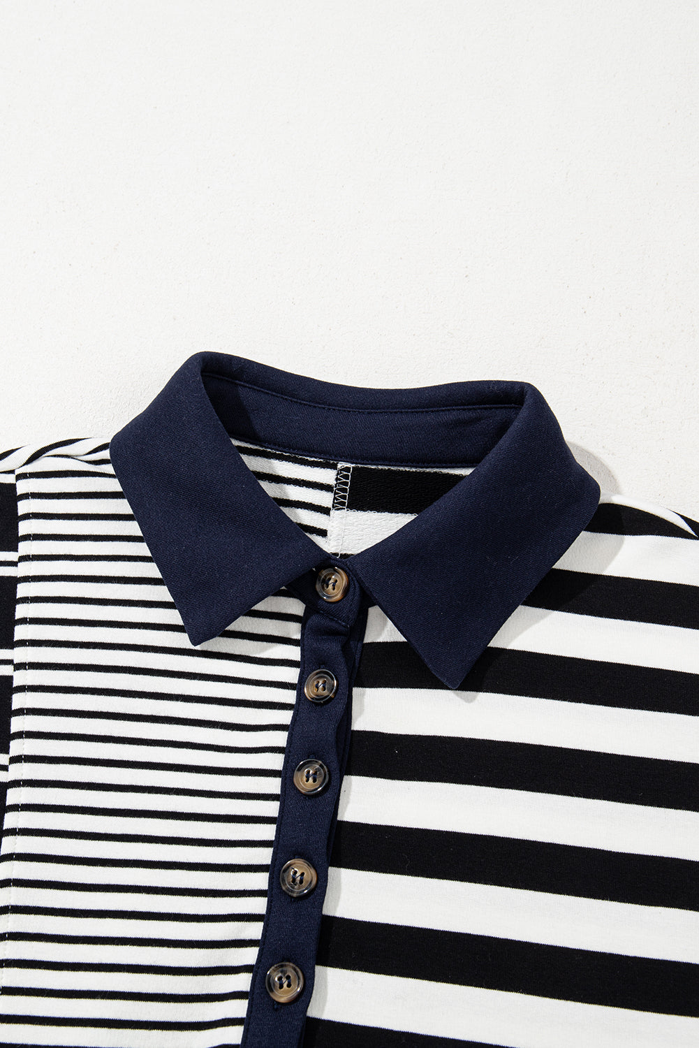 LuckeLadybug men's dress shirt featuring a trendy navy and white striped design with a collar and button detail