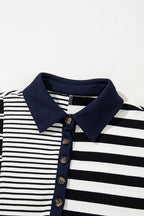 LuckeLadybug men's dress shirt featuring a trendy navy and white striped design with a collar and button detail