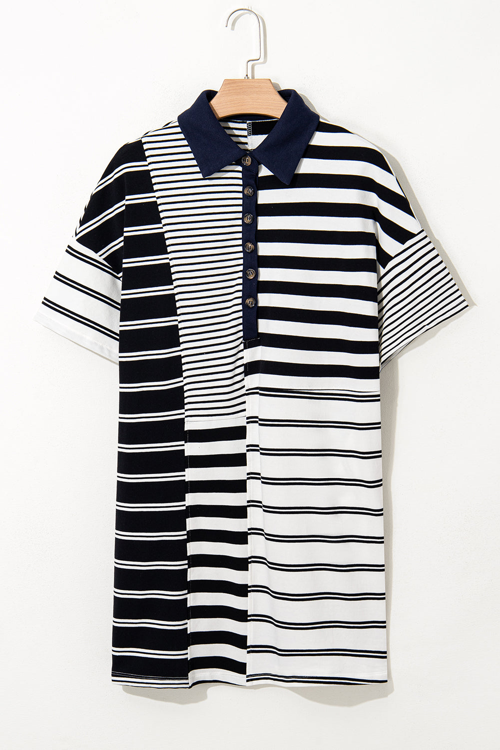 Striped short sleeve dress shirt for men with a unique half-and-half design by LuckeLadybug LLC