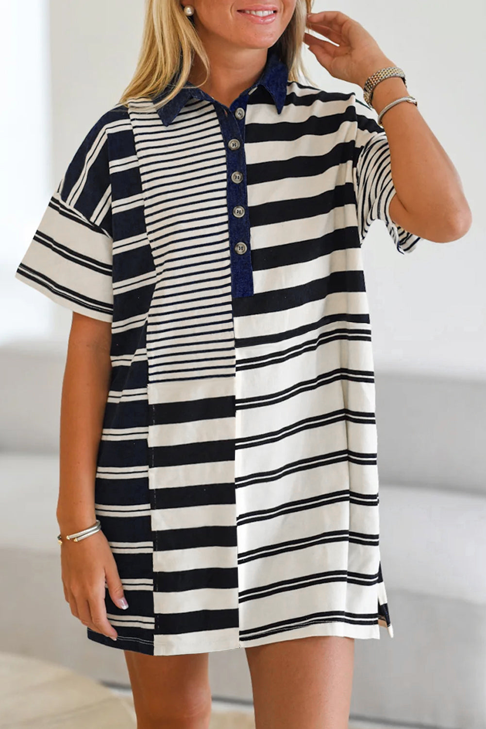 Striped dress shirt for men with short sleeves and button-up front by LuckeLadybug LLC