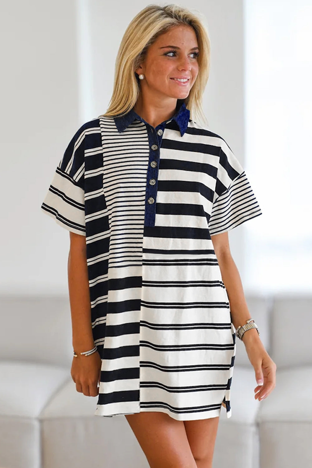 LuckeLadybug LLC Stylish striped dress shirt for men with short sleeves and button-up collar