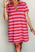 Striped dress shirt for men in pink and red with a stylish collar and short sleeves