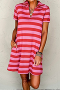 LuckeLadybug LLC Pink and Red Striped Dress Shirt for Men with Short Sleeves and Side Pockets