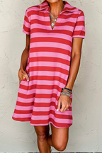 LuckeLadybug LLC Pink and Red Striped Dress Shirt for Men with Short Sleeves and Side Pockets