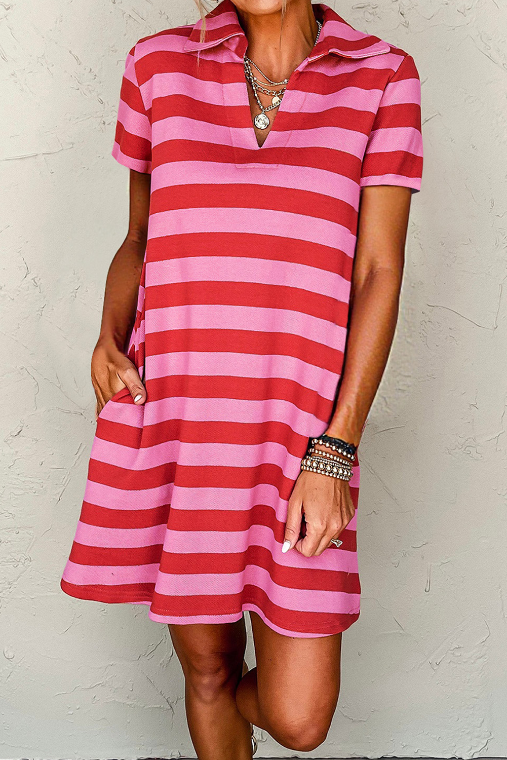 LuckeLadybug LLC Pink and Red Striped Dress Shirt for Men with Short Sleeves and Side Pockets