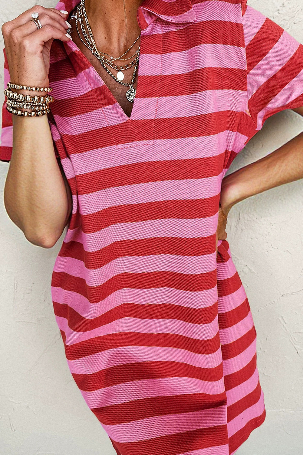LuckeLadybug LLC Pink and Red Striped T-Shirt, a stylish dress shirt for men featuring a v-neck design