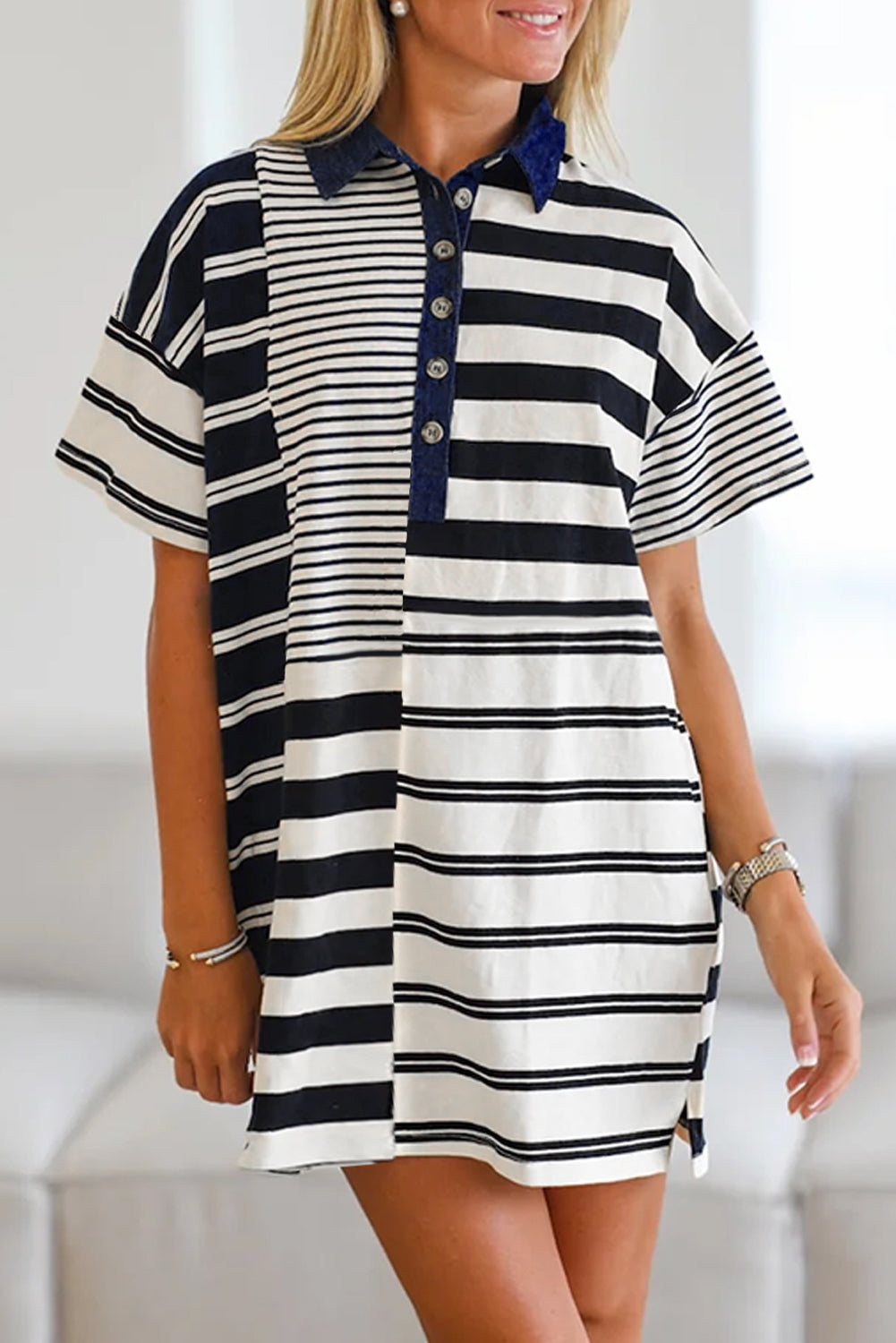 LuckeLadybug Casual Striped T-Shirt Dress Shirt for Men with Short Sleeves and Button Closure