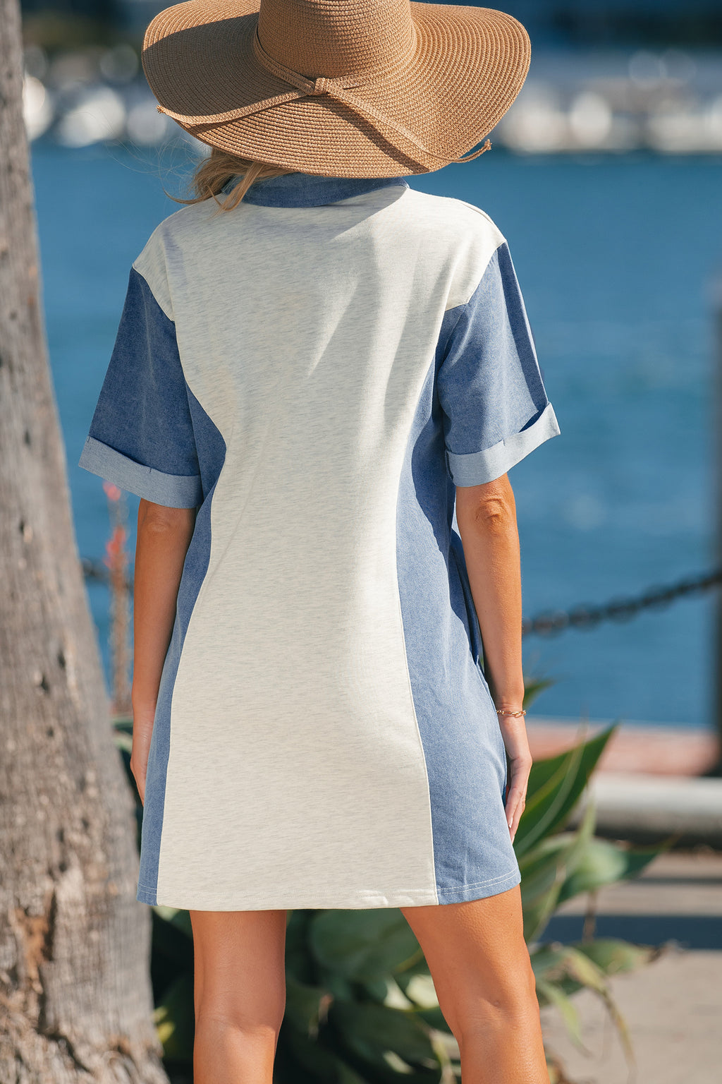 LuckeLadybug LLC dress with denim design, featuring short sleeves and a relaxed fit for summer outings