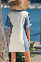 LuckeLadybug LLC dress with denim design, featuring short sleeves and a relaxed fit for summer outings