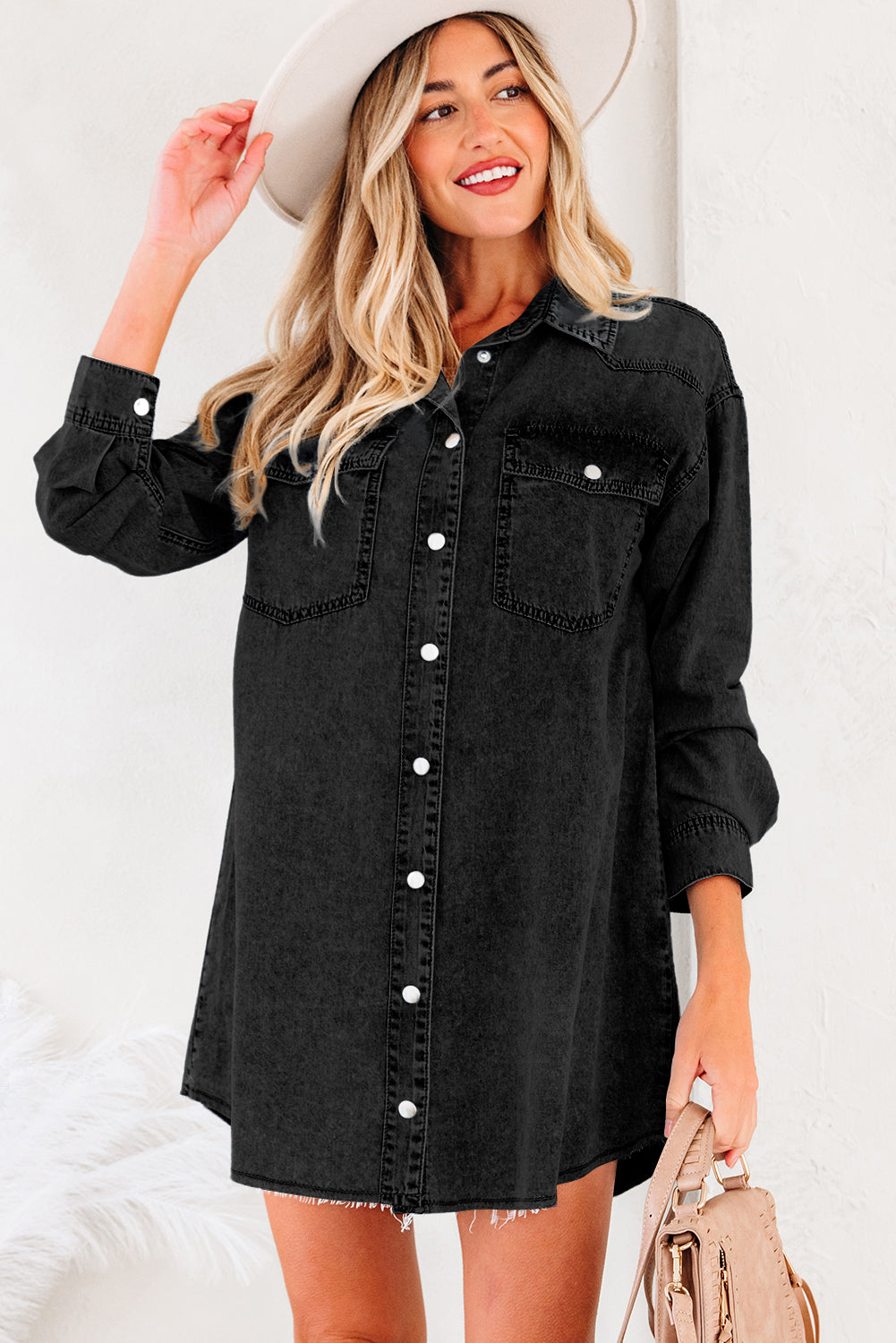 LuckeLadybug LLC dress with denim style shirt featuring button closures and a relaxed fit