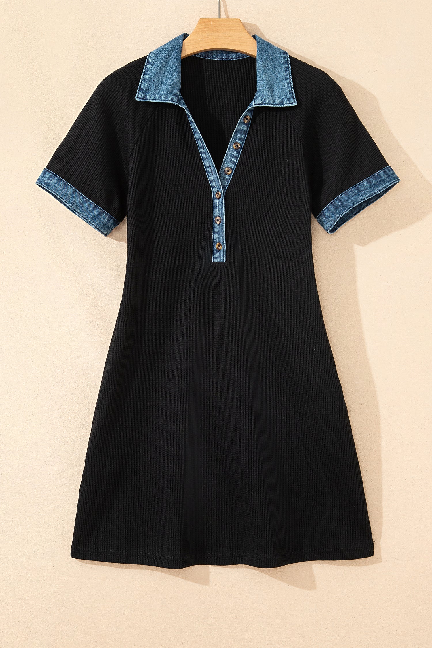 LuckeLadybug LLC T-Shirt dress with denim collar and cuffs in black for stylish summer wear