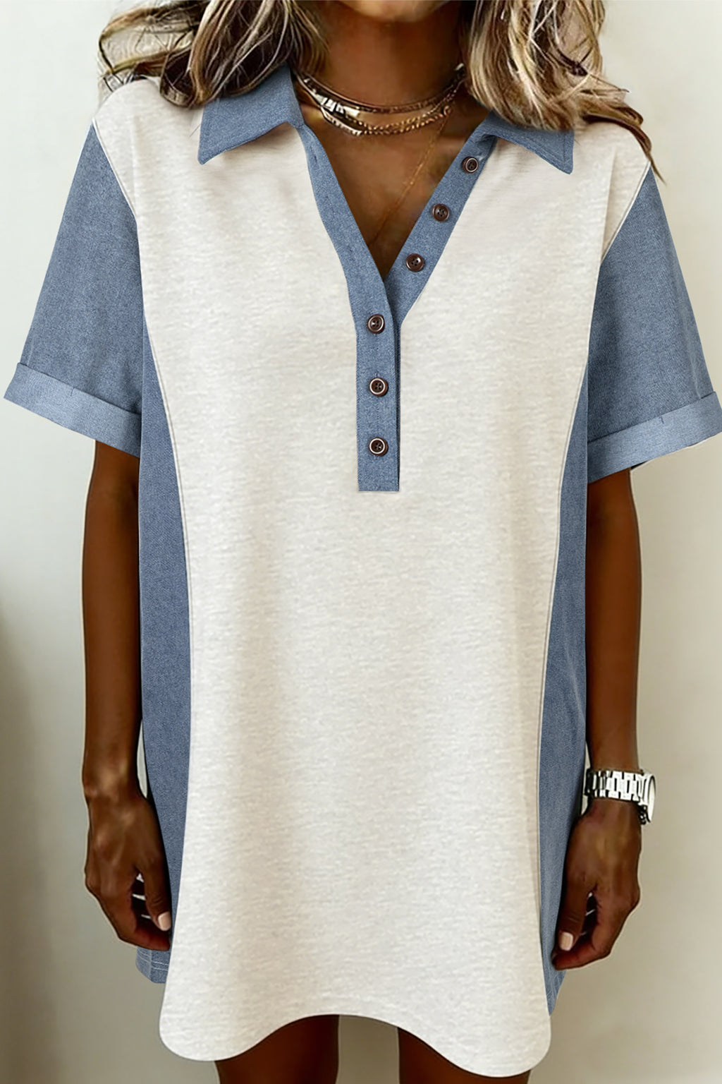 LuckeLadybug LLC T-Shirt featuring a casual design with a dress with denim style and button details