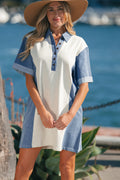 LuckeLadybug LLC dress with denim featuring a polo-style collar and button details