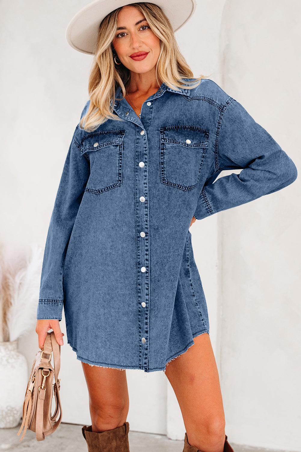 LuckeLadybug LLC dress with denim featuring button closure and front pockets for a trendy look