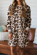 Casual dress with leopard print featuring long sleeves and comfortable pockets