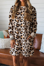 Casual dress with leopard print featuring long sleeves and comfortable pockets