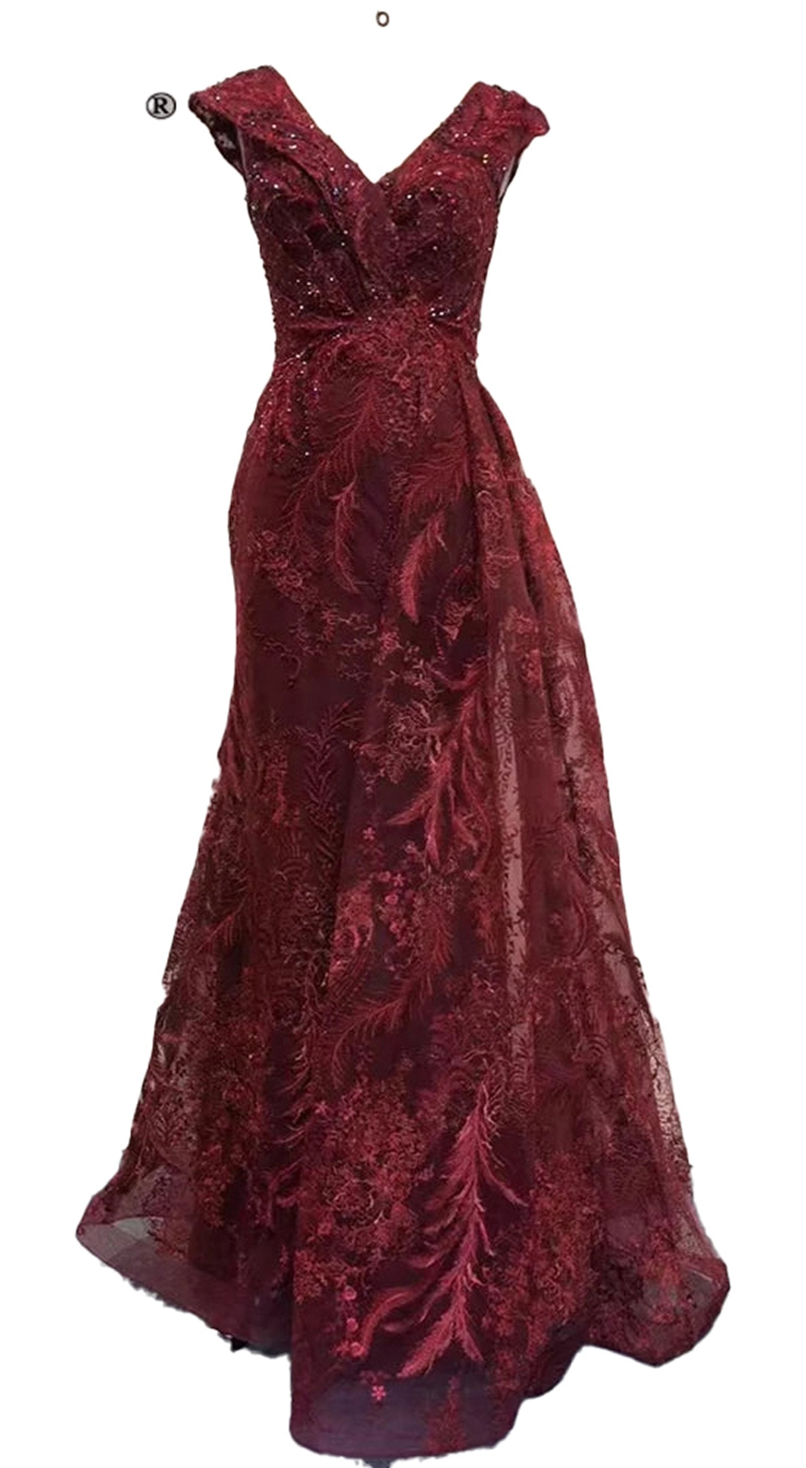 LuckeLadybug LLC Dubai mermaid evening gown in rich burgundy with intricate lace detailing