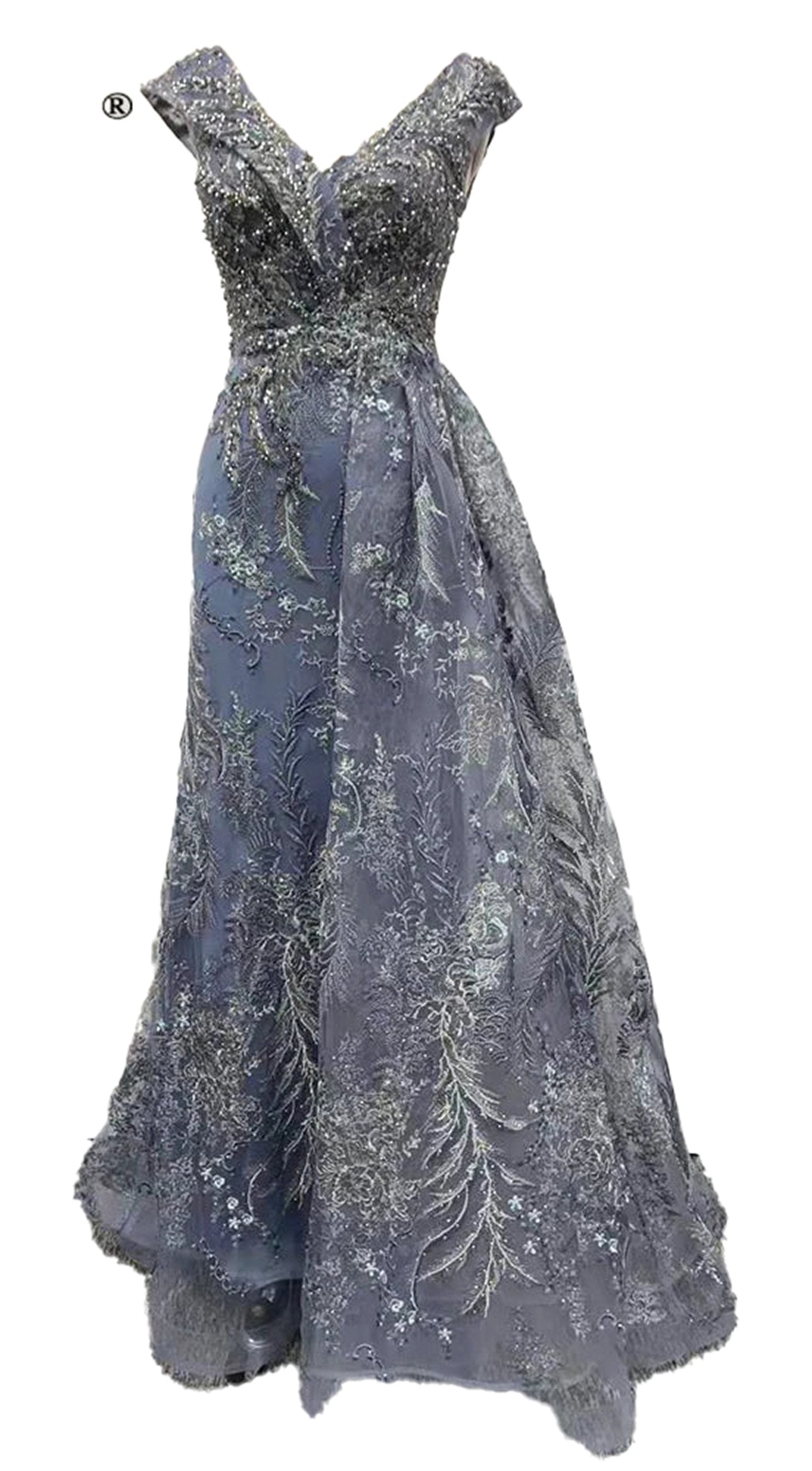 Elegant Dubai mermaid evening gown in silver and blue with intricate floral embellishments