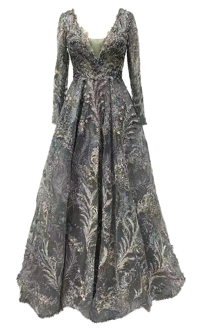 LuckeLadybug LLC Dubai mermaid evening gown with intricate floral detailing and long sleeves