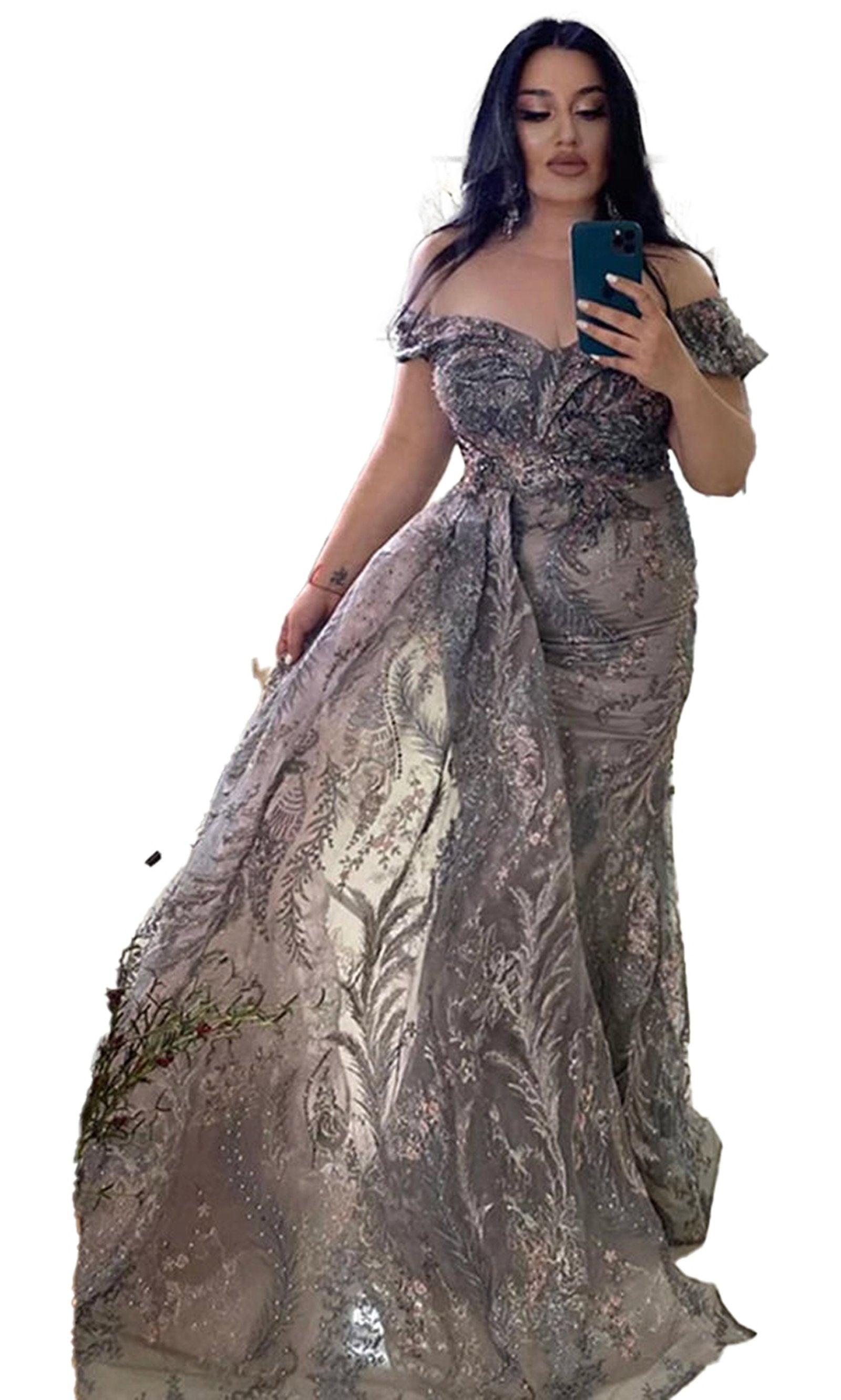 Stunning Dubai mermaid evening gown with intricate floral patterns and an off-shoulder design