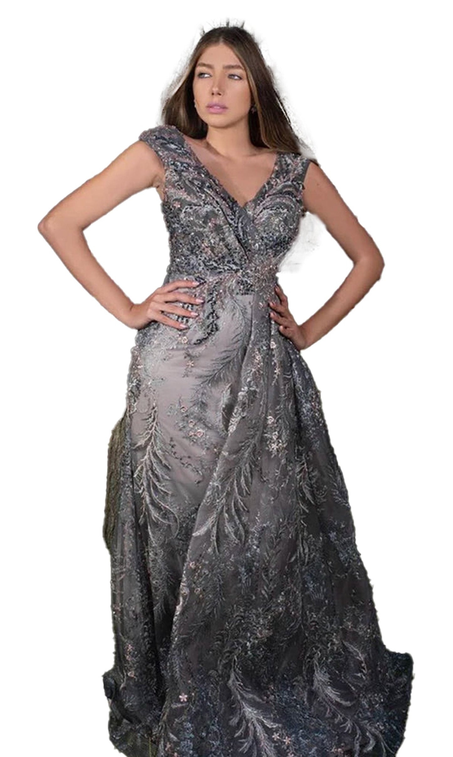 Elegant Dubai mermaid evening gown with intricate floral patterns and a flowing silhouette