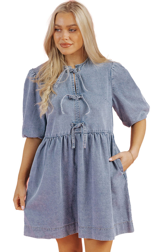 LuckeLadybug dusk blue denim dress with puff sleeves and tie detail for a stylish look