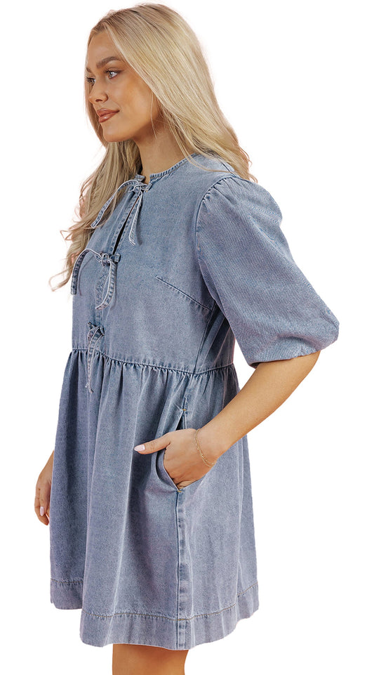 LuckeLadybug dusk blue denim dress with puff sleeves and front tie detail