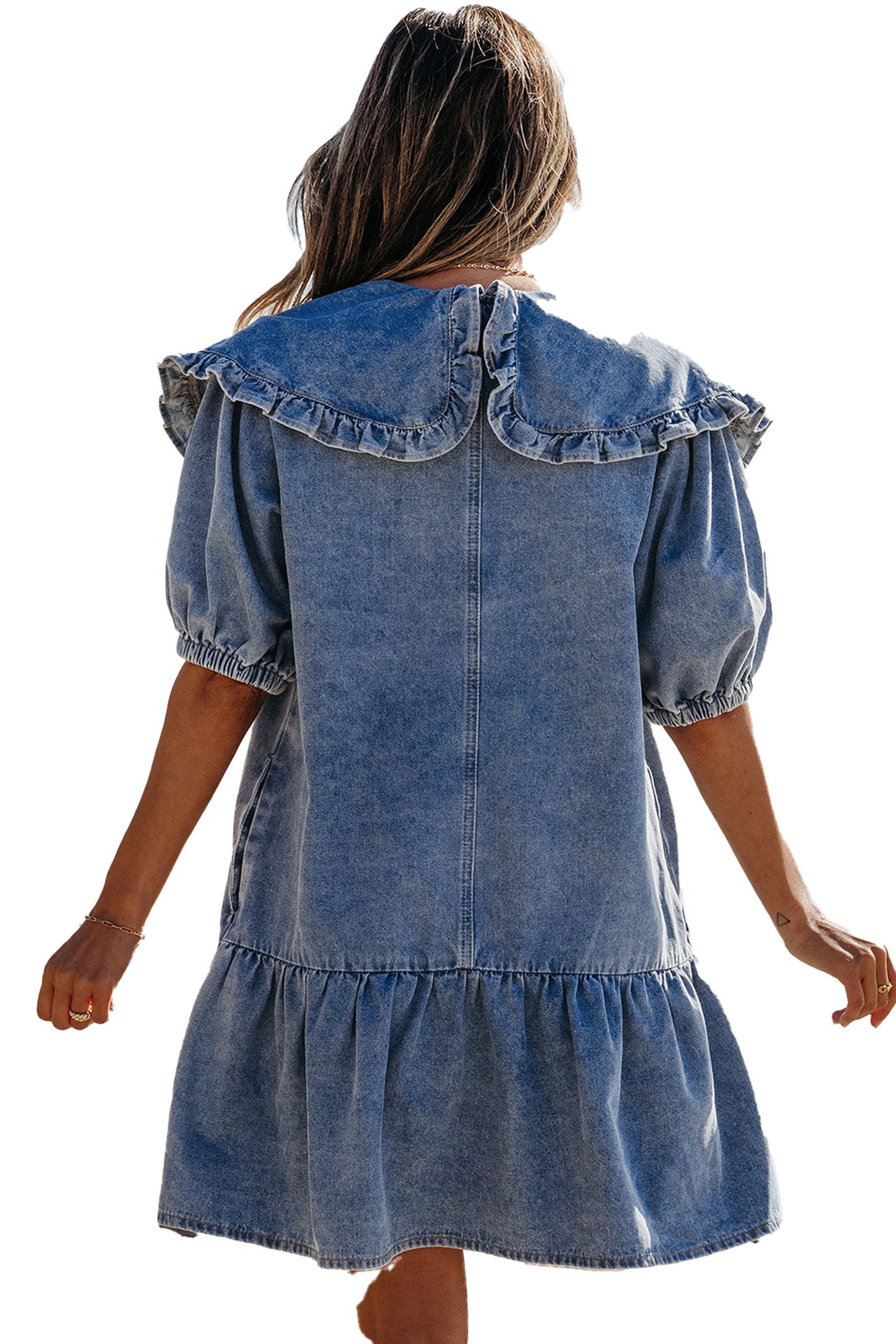Dusk blue ruffled denim mini dress with puff sleeves and flared hem, perfect for beach outings