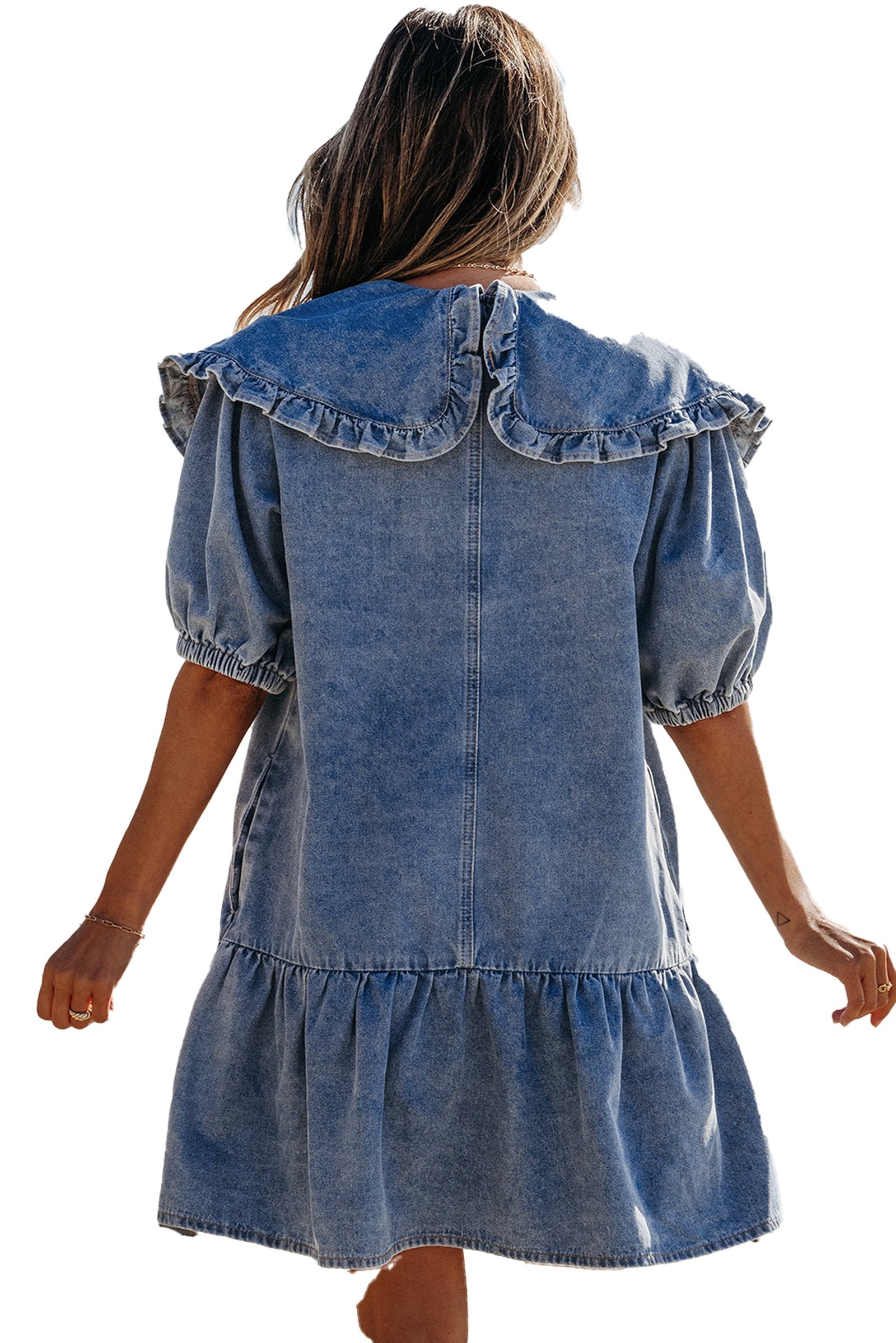 Dusk blue ruffled denim mini dress with puff sleeves and flared hem, perfect for beach outings