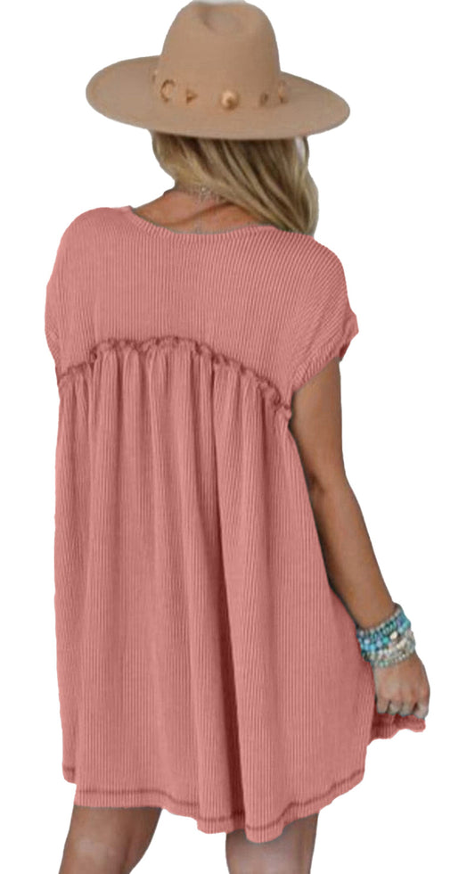 Dusty pink swing mini dress with a relaxed fit and gathered back detail, perfect for casual outings