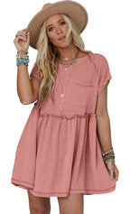 Dusty pink swing mini dress with short sleeves and a relaxed fit perfect for casual outings