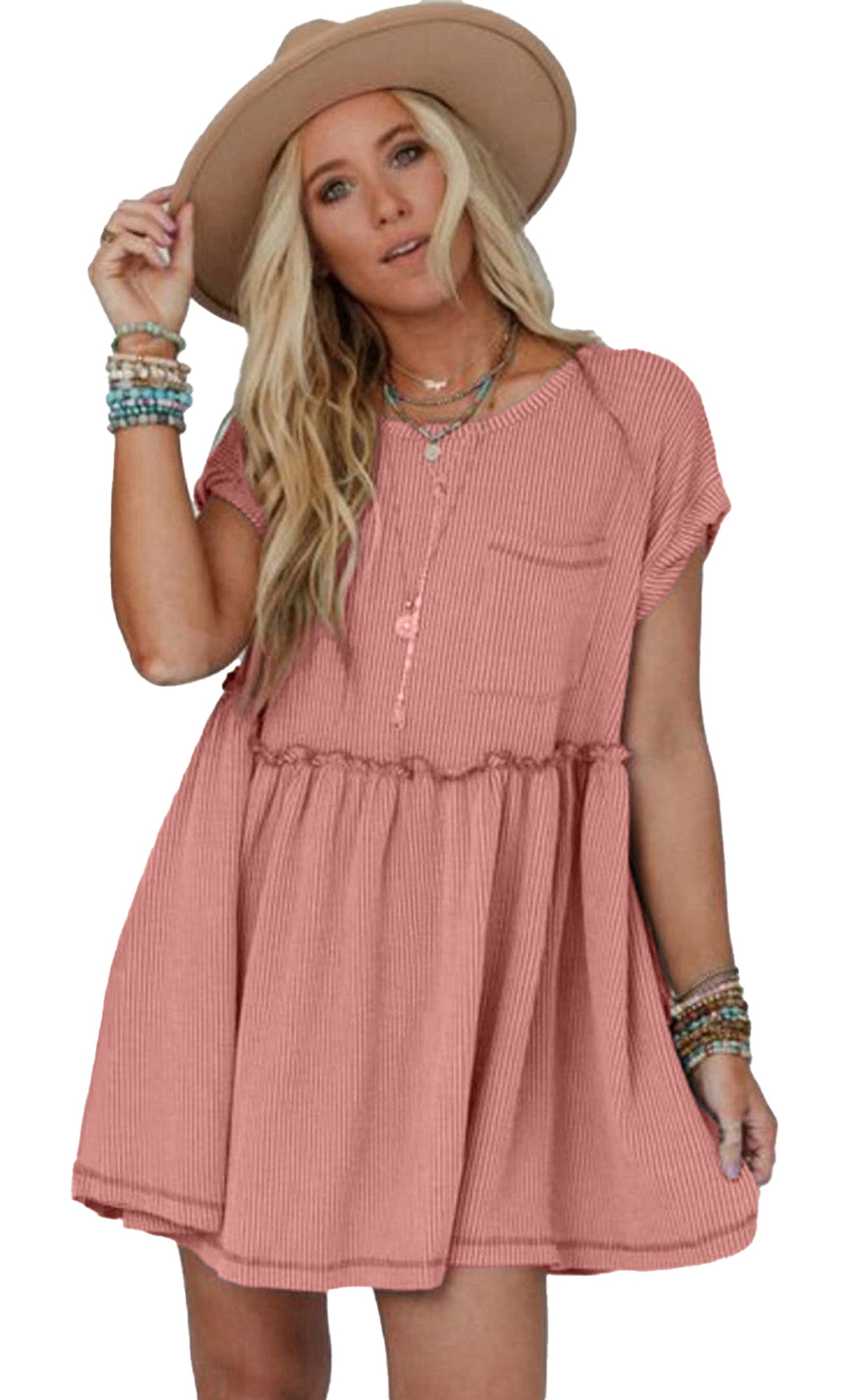 Dusty pink swing mini dress with short sleeves and a relaxed fit perfect for casual outings
