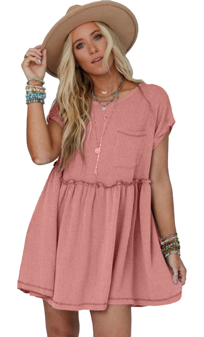 Dusty pink swing mini dress with short sleeves and a relaxed fit perfect for casual outings