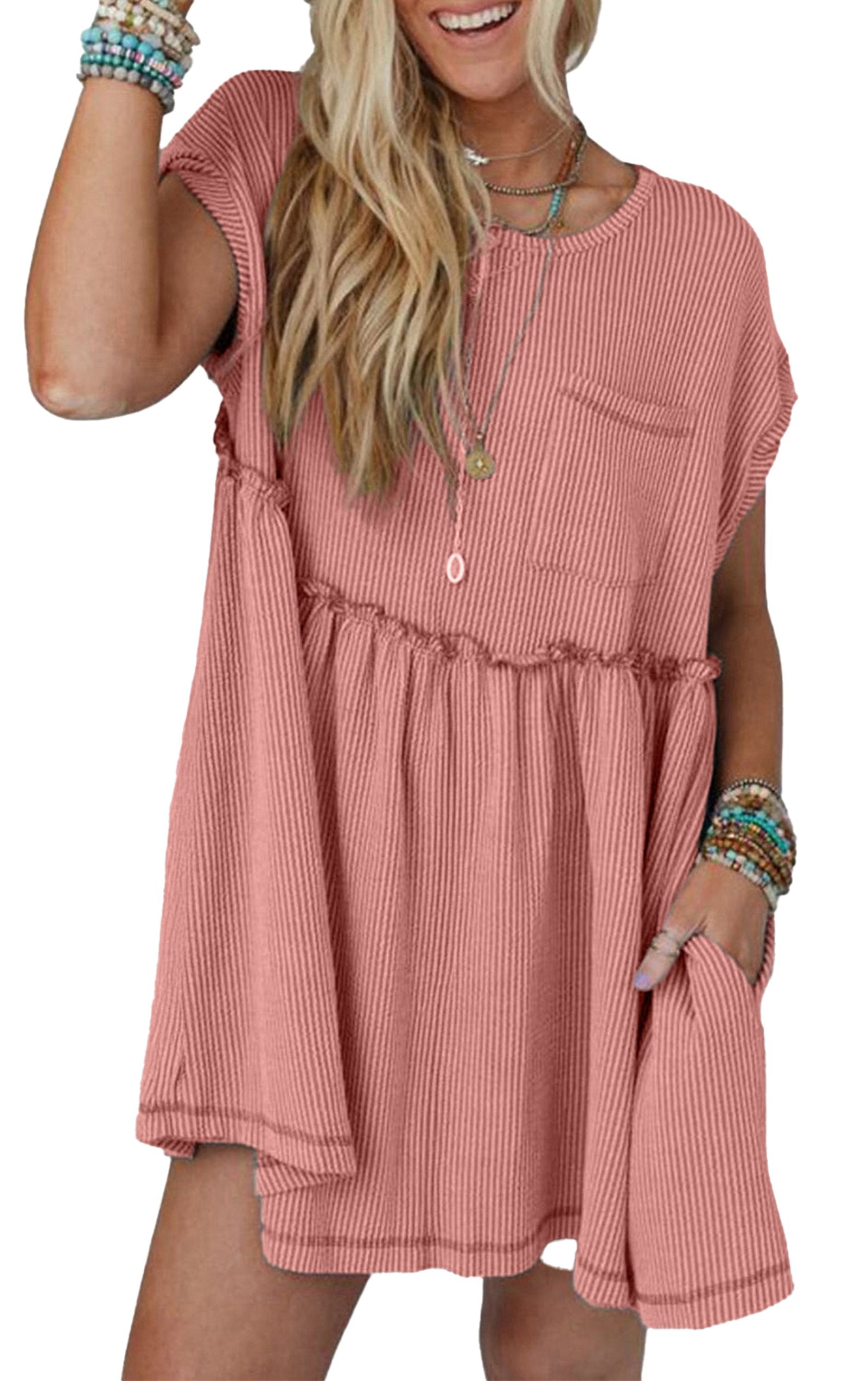 Dusty pink swing mini dress by LuckeLadybug with a relaxed fit and pocket detail