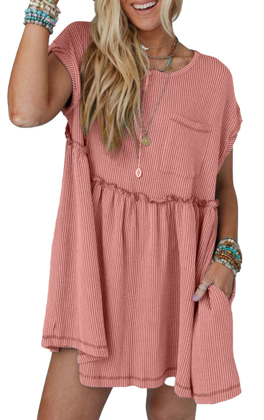 Dusty pink swing mini dress by LuckeLadybug with a relaxed fit and pocket detail